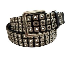Vintage Y2K Black Chrome Studded Belt Size 32 Punk Silver Eyelets Faux Leather